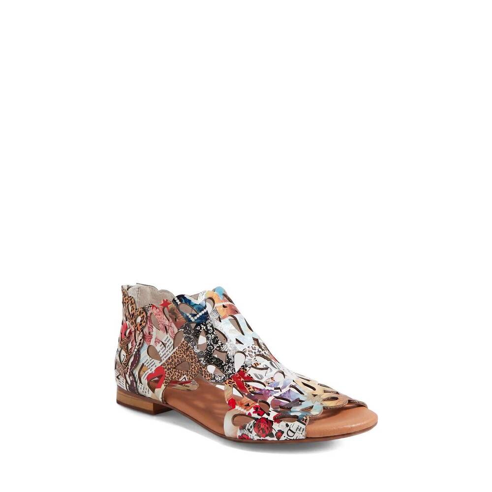 NEW DJANGO & JULIETTE women's pietro flat leather sandals in collage patent